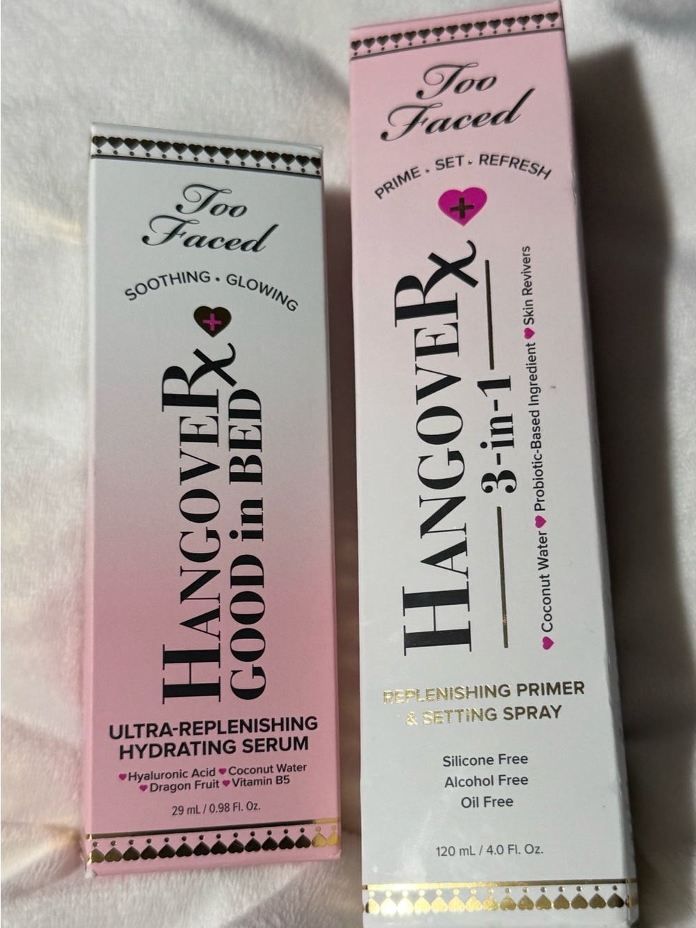 Too Faced hydrating serum and setting spray combo.